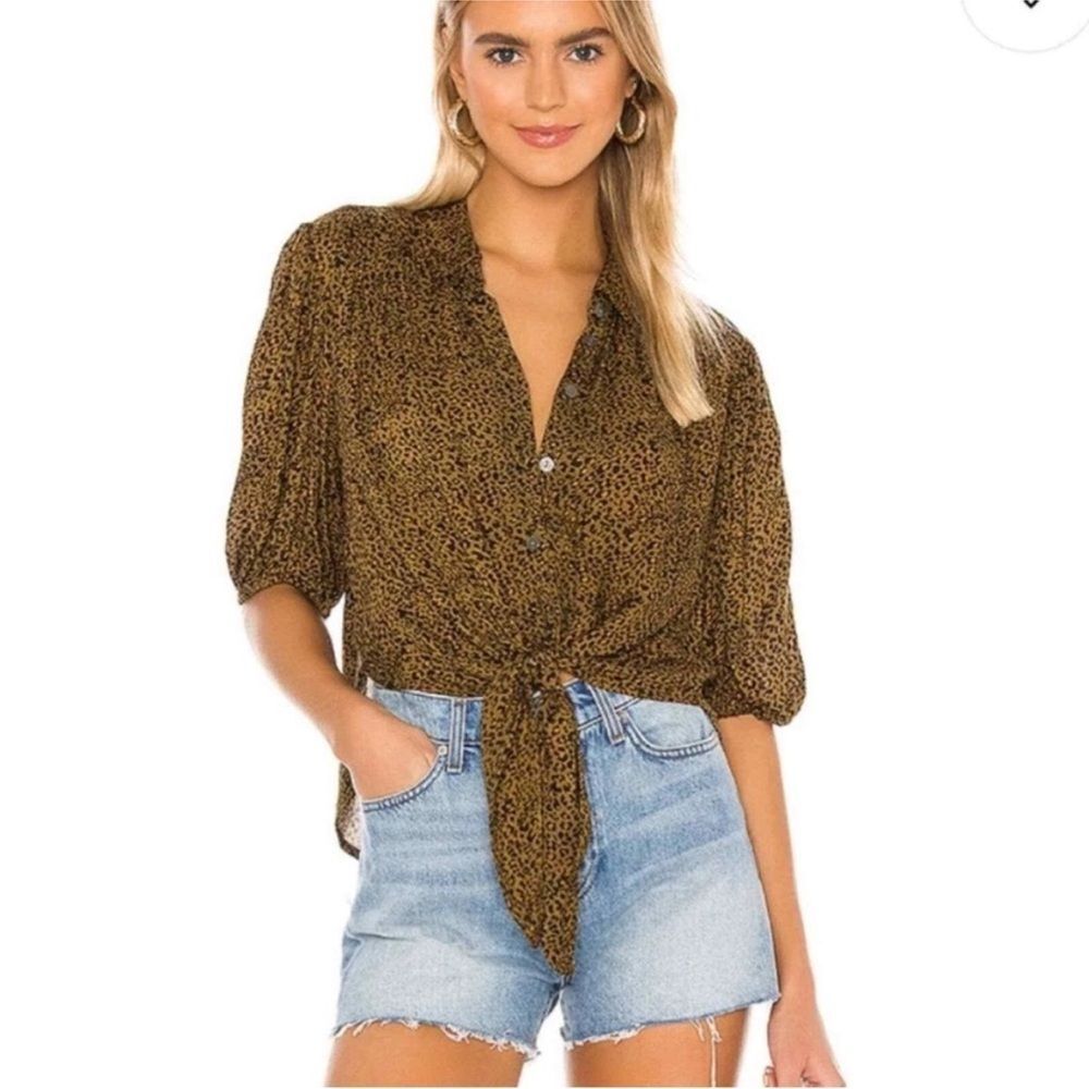 Free People Brown Black Leopard Tie-Front Blouse